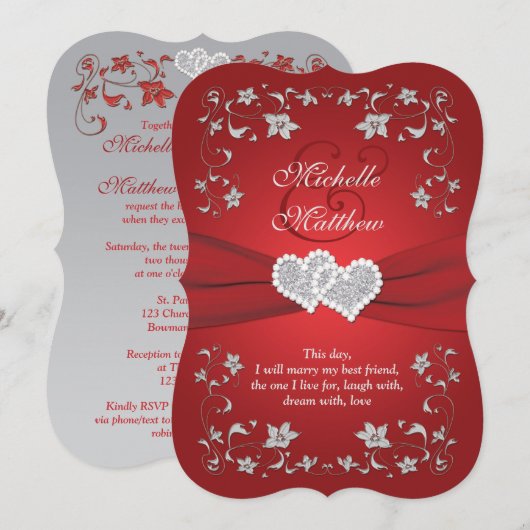 Wedding Invite | Rood, zilver, Floral, hart Kaart (Voorkant / Achterkant)