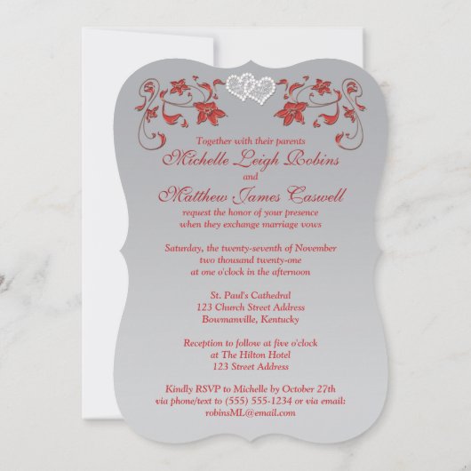 Wedding Invite | Rood, zilver, Floral, hart Kaart (Achterkant)