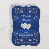 Wedding Invite | Royal Blue Silver, Floral, Hearts Kaart (Voorkant / Achterkant)