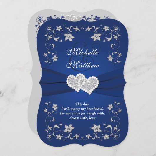 Wedding Invite | Royal Blue Silver, Floral, Hearts Kaart (Voorkant / Achterkant)