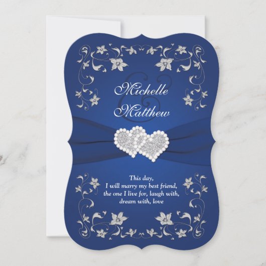 Wedding Invite | Royal Blue Silver, Floral, Hearts Kaart (Voorkant)