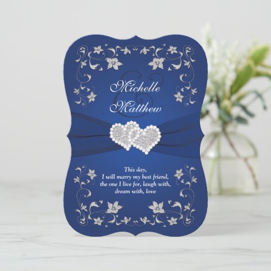 Wedding Invite | Royal Blue Silver, Floral, Hearts Kaart (Staand voorkant)