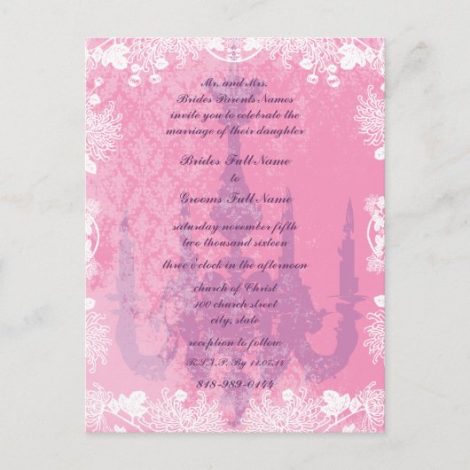 Wedding Invite Vintage Chandelier Pink Lavender Uitnodiging Briefkaart (Voorkant)