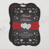 Wedding Invite | Zwarte Rode zilver, Floral, harte Kaart (Voorkant / Achterkant)