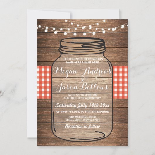 Wedding Jar Wood Rustic Red Gingham Uitnodiging (Voorkant)