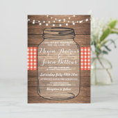 Wedding Jar Wood Rustic Red Gingham Uitnodiging (Staand voorkant)