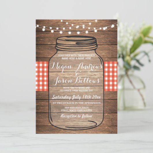 Wedding Jar Wood Rustic Red Gingham Uitnodiging (Staand voorkant)