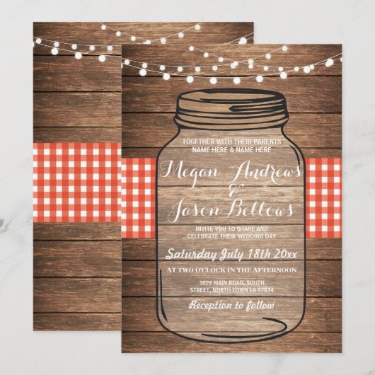 Wedding Jar Wood Rustic Red Gingham Uitnodiging (Voorkant / Achterkant)