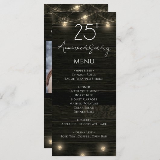 Wedding Jubileum 25th Rustic Wood and Lights Menu (Voorkant / Achterkant)