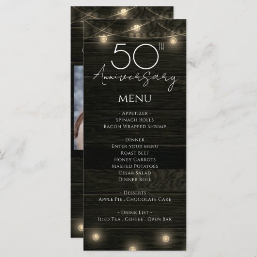 Wedding Jubileum 50ste rustieke hout en verlichtin Menu (Voorkant / Achterkant)