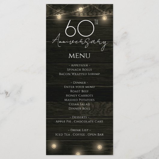 Wedding Jubileum 60e rustieke hout en verlichting Menu (Voorkant)