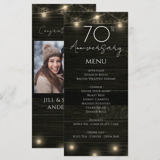Wedding Jubileum 70e rustieke hout en verlichting Menu (Voorkant / Achterkant)