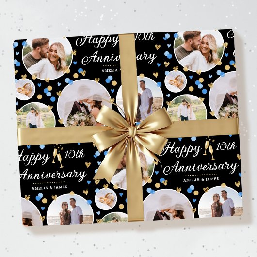 Wedding Jubileum Fotocollage Elegant Blauw Cadeaupapier