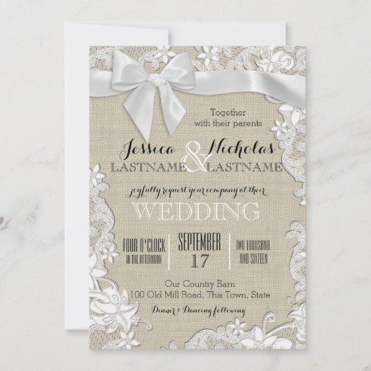 Wedding Lace en Bow Country Rustiek Kaart (Voorkant)