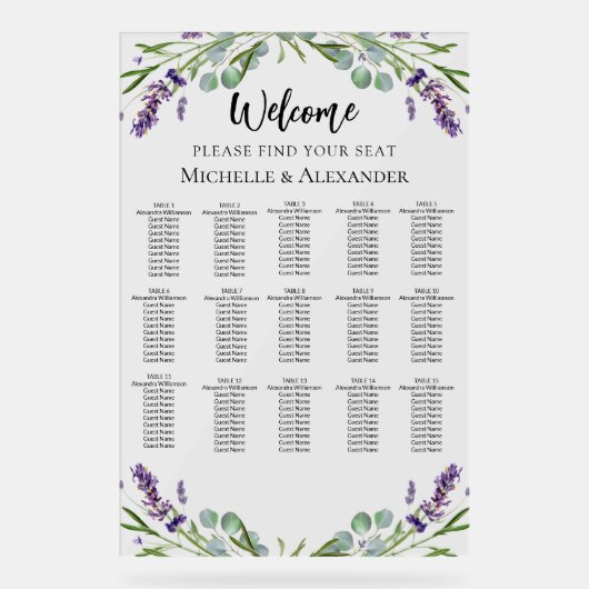 Wedding lavender 15 tables seating chart acryl bord (Voorkant)