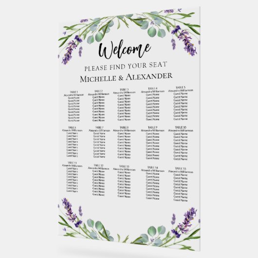 Wedding lavender 15 tables seating chart acryl bord (Hoek)