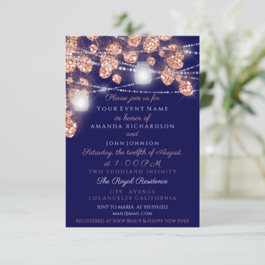 Wedding Lights Jars Rustic Roos Gold Blush Navy Kaart (Staand voorkant)