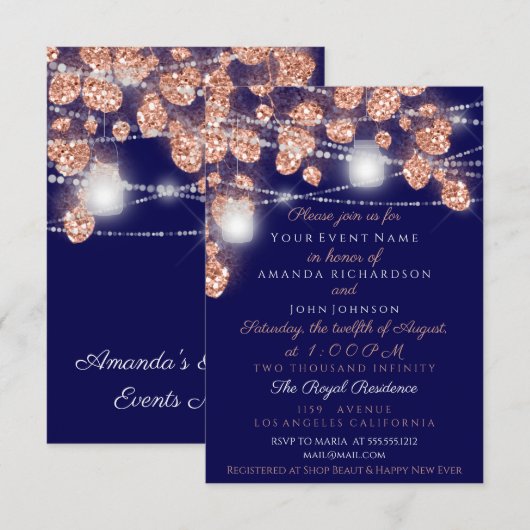 Wedding Lights Jars Rustic Roos Gold Blush Navy Kaart (Voorkant / Achterkant)