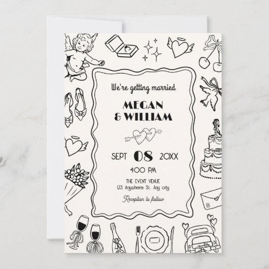 Wedding line kunst schets plezier kaart (Voorkant)