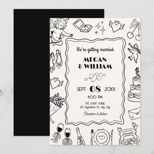 Wedding line kunst schets plezier kaart (Voorkant / Achterkant)