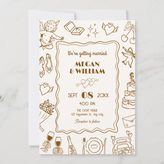 Wedding line kunst schets plezier kaart (Voorkant)