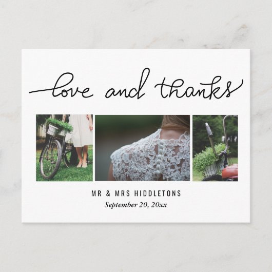 Wedding Love & Bedankt Script | Drie foto's Briefkaart (Voorkant)