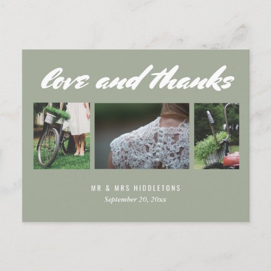 Wedding Love & Bedankt Script | Drie foto's grijs Briefkaart (Voorkant)