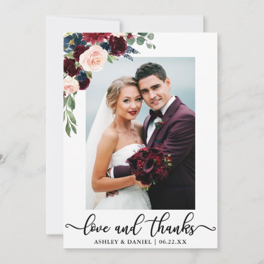 Wedding Love en Bedankt Burgundy Blue Floral (Voorkant)