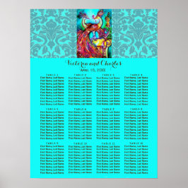 WEDDING LOVE PEACOCKS Blue Damask Seast Chart Poster