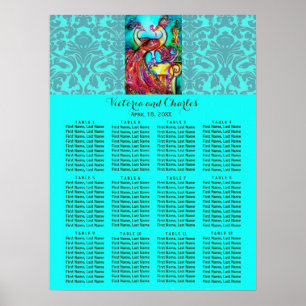 WEDDING LOVE PEACOCKS Blue Damask Seast Chart Poster