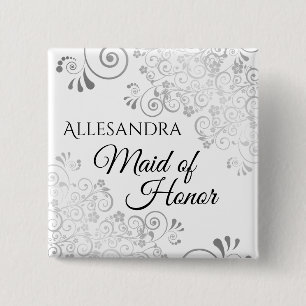 Wedding Maid of Honor Name Tag Silver Lacy Curls Vierkante Button 5,1 Cm