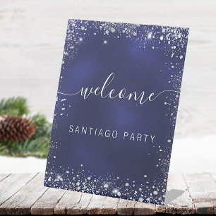 Wedding marine blauw zilver naam script welkom reclamebord met voetstuk