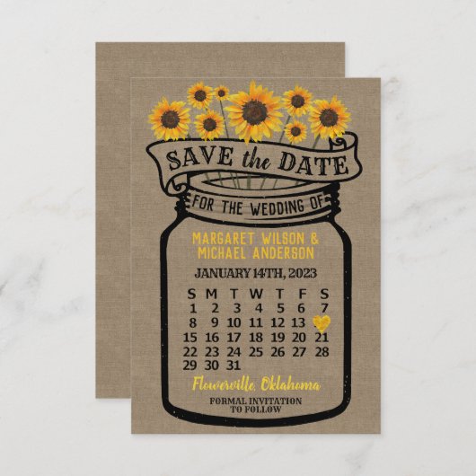 Wedding Mason Jar Sunflower Agenda januari 2023 Save The Date (Voorkant / Achterkant)