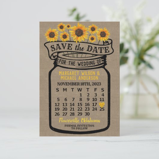 Wedding Mason Jar Sunflower Agenda november 2023 Save The Date (Staand voorkant)