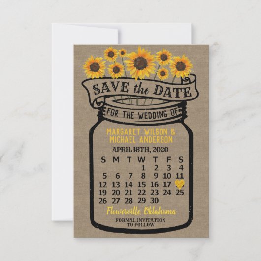 Wedding Mason Jar Sunflower April 2020 Agenda Save The Date (Voorkant)