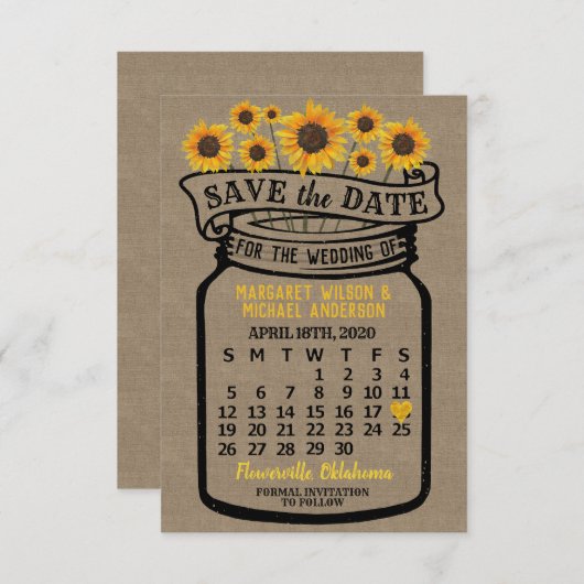 Wedding Mason Jar Sunflower April 2020 Agenda Save The Date (Voorkant / Achterkant)