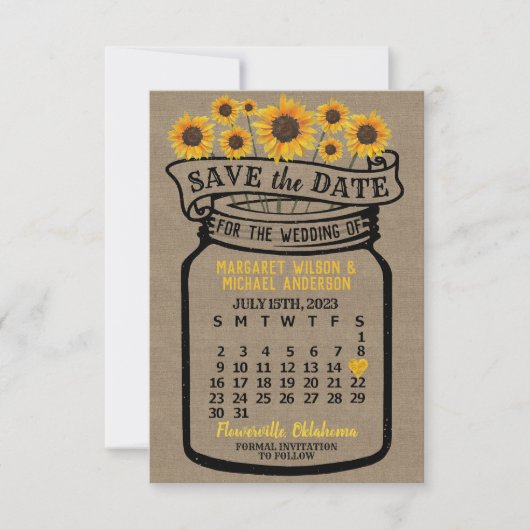 Wedding Mason Jar Sunflower Juli 2023 Kalender Save The Date (Voorkant)