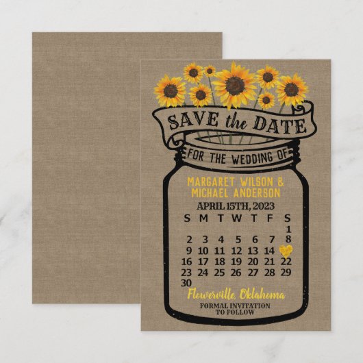 Wedding Mason Jar Sunflower Kalender april 2023 Save The Date (Voorkant / Achterkant)