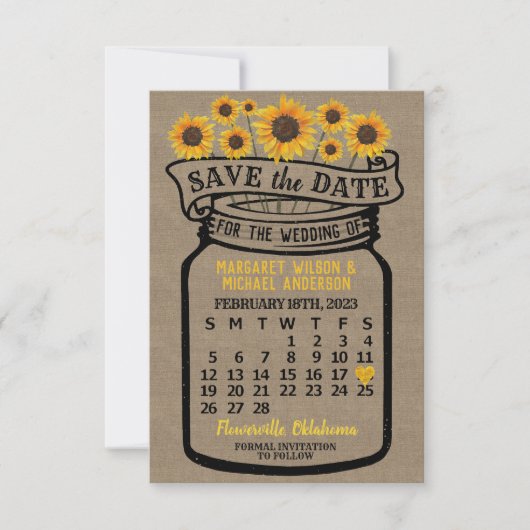 Wedding Mason Jar Sunflower - Kalender februari 20 Save The Date (Voorkant)