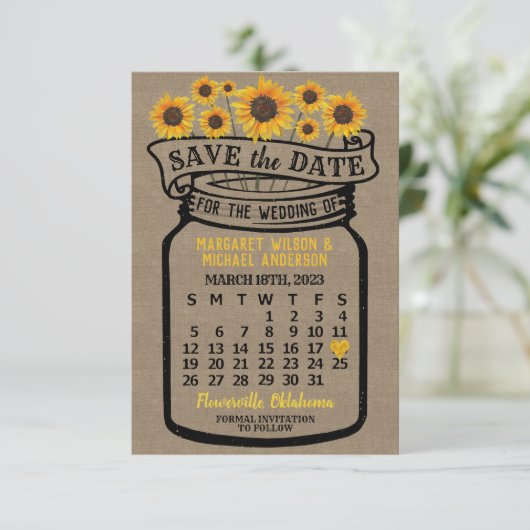 Wedding Mason Jar Sunflower Kalender maart 2023 Save The Date (Staand voorkant)