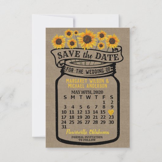 Wedding Mason Jar Sunflower May 2020 Agenda Save The Date (Voorkant)