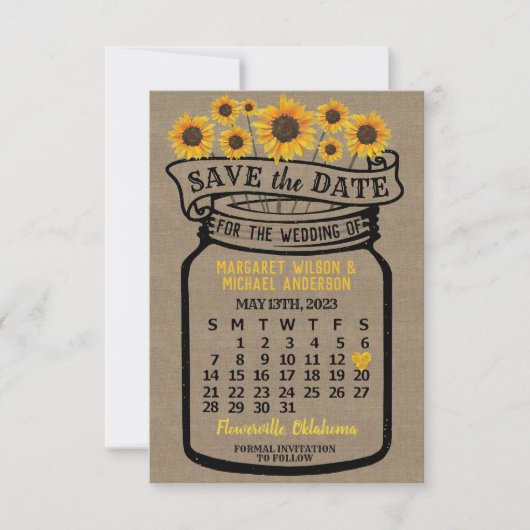 Wedding Mason Jar Sunflower May 2023 Calendar Save The Date (Voorkant)