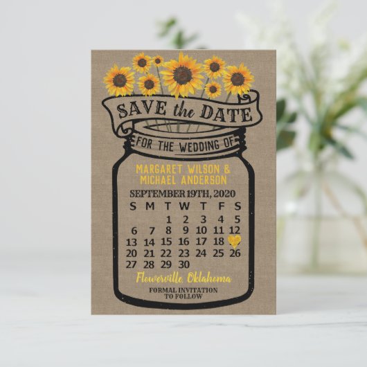 Wedding Mason Jar Sunflower september 2020 maand Save The Date (Staand voorkant)