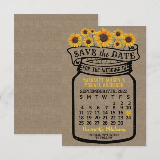 Wedding Mason Jar Sunflower september 2022 maand Save The Date (Voorkant / Achterkant)