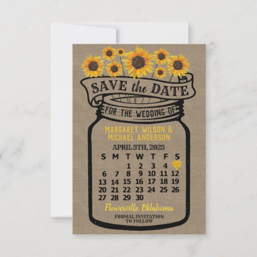 Wedding Mason Jar Zonnebloemen April 2025 Kalender Save The Date (Voorkant)
