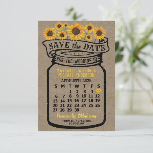 Wedding Mason Jar Zonnebloemen April 2025 Kalender Save The Date (Staand voorkant)