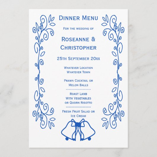 Wedding Menu Card Blue Sapphire Bells Scrollwork  (Voorkant)