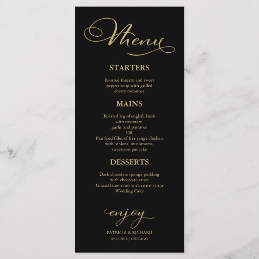 Wedding Menu Elegant Black Gold Faux Foil Script (Voorkant)