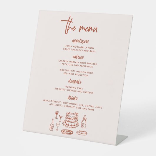 Wedding Menu Hand Drawn Food Whimsical Reclamebord Met Voetstuk (Voorkant)