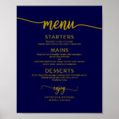 Wedding Menu SignChic Gold Navy Blue Calligraphy Poster (Voorkant)